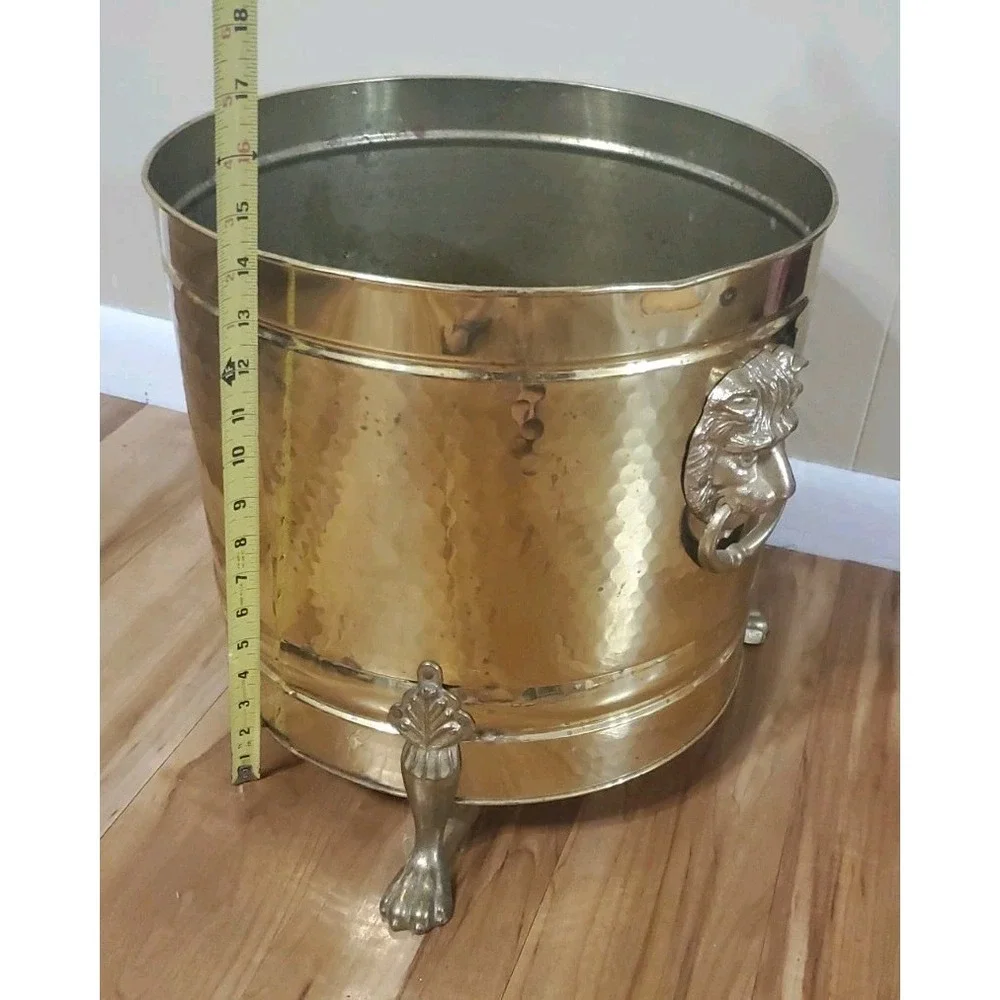 Vintage Brass Lion Head Planter Hollywood Regency Footed Cachepot Plant Pot